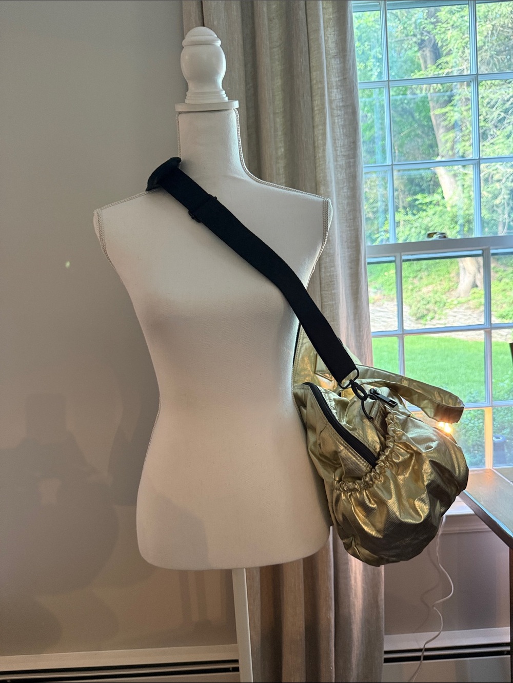 Pottery Barn Teen Metallic Gold Quilted Travel Duffle with Black Strap